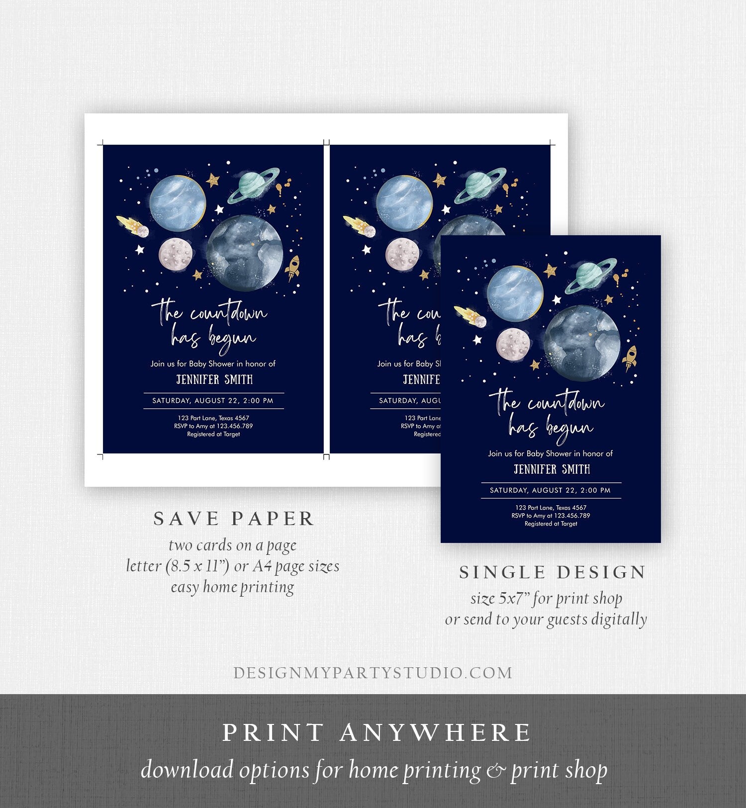Editable Space Baby Shower Invitation Galaxy Outer Space It's a Boy Blue Planets Moon Countdown Digital Download Template Printable 0357