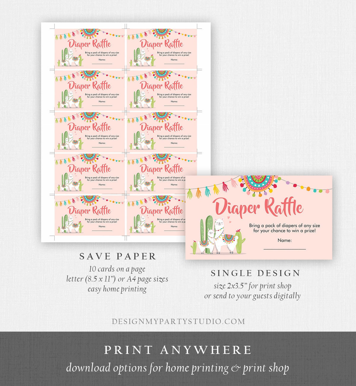 Editable Llama Diaper Raffle Card Fiesta Baby Shower Pink Girl Insert Card Diaper Ticket Game Succulent Mexican Digital Printable 0079