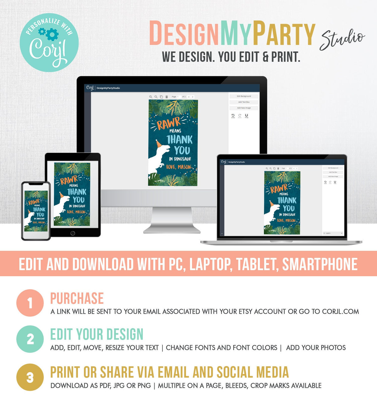 Editable Dinosaur Favor Tag T-Rex Gift Tags Dino Thank You for Stomping By Boy ROAR RAWR Means Thank You Corjl Template Printable 0378