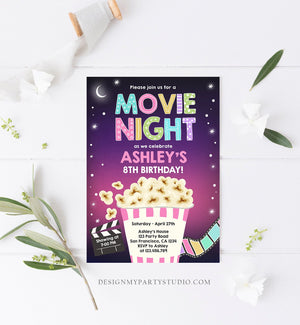 Editable Movie Night Birthday Invitation Girl Backyard Outdoor Movie Under The Stars Cinema Popcorn Sleepover Party Corjl Template 0367