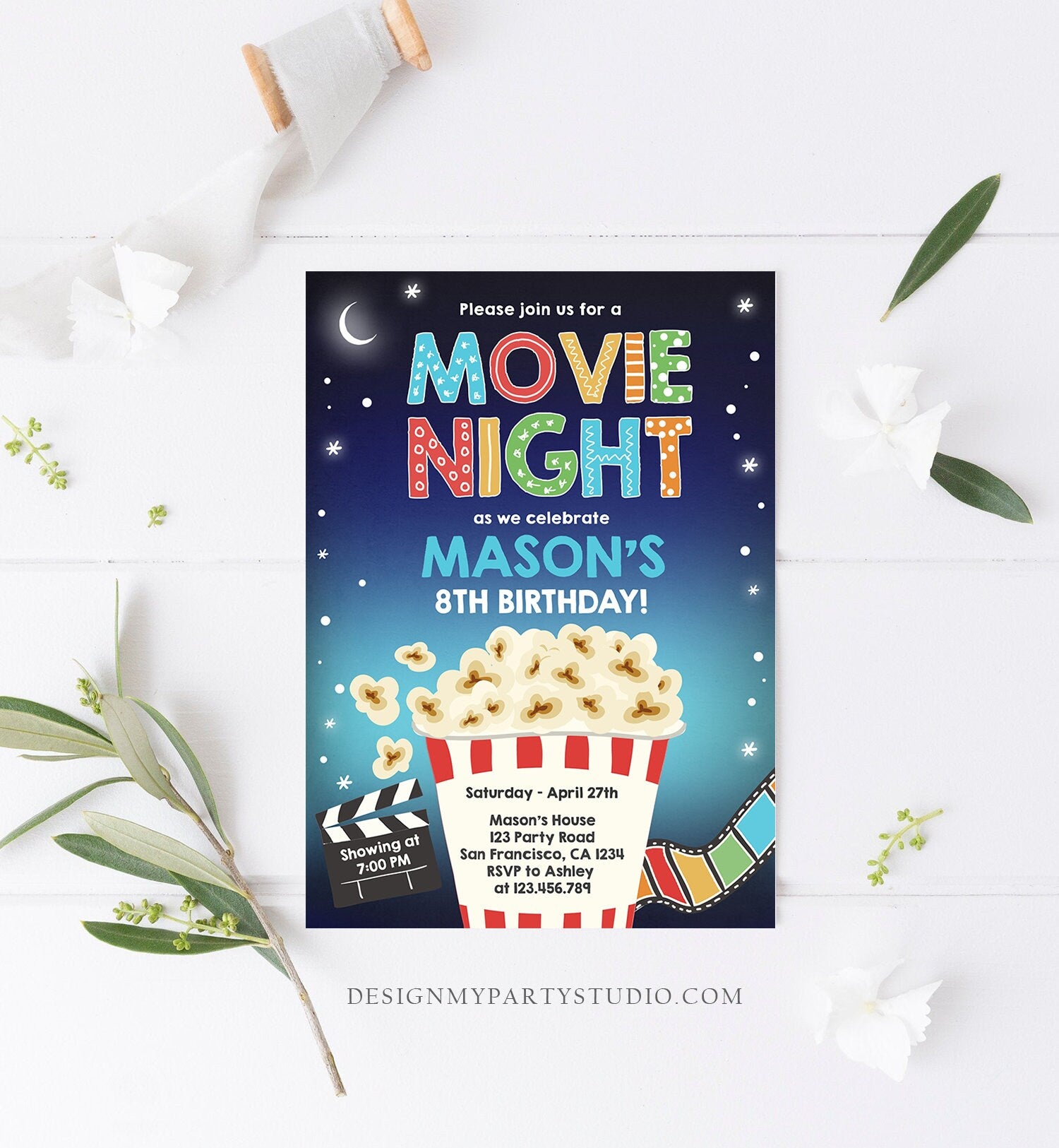 Editable Movie Night Birthday Invitation Boy Backyard Outdoor Movie Under The Stars Cinema Popcorn Sleepover Party Corjl Template 0367