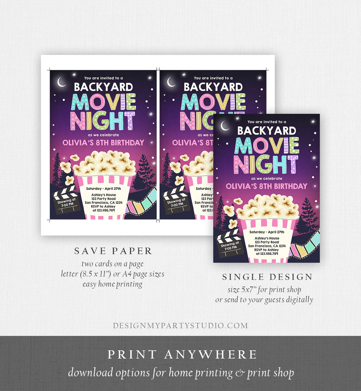Editable Backyard Movie Night Birthday Invitation Girl Outdoor Movie Under The Stars Cinema Popcorn Sleepover Party Corjl Template 0367
