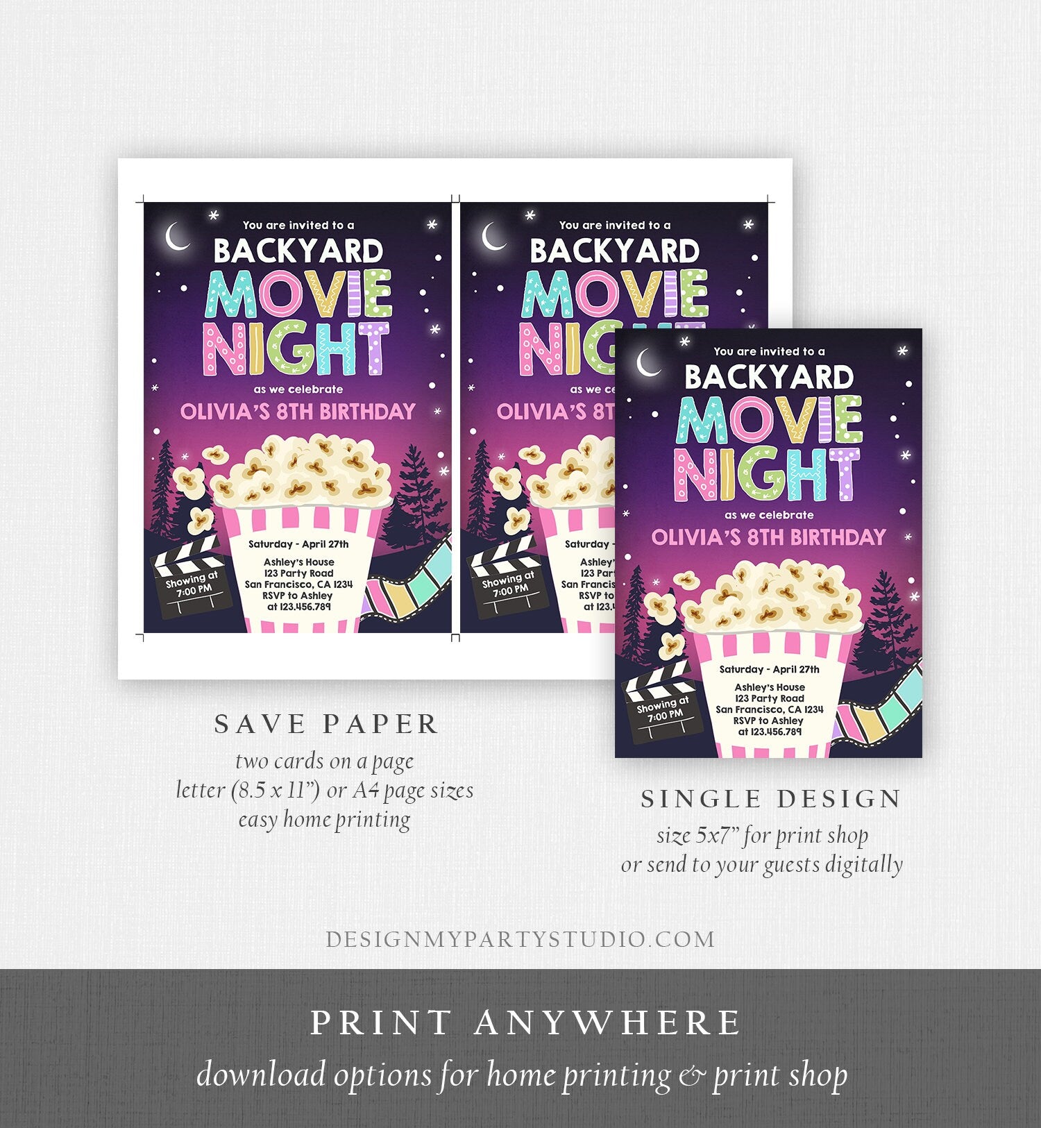 Editable Backyard Movie Night Birthday Invitation Girl Outdoor Movie Under The Stars Cinema Popcorn Sleepover Party Corjl Template 0367
