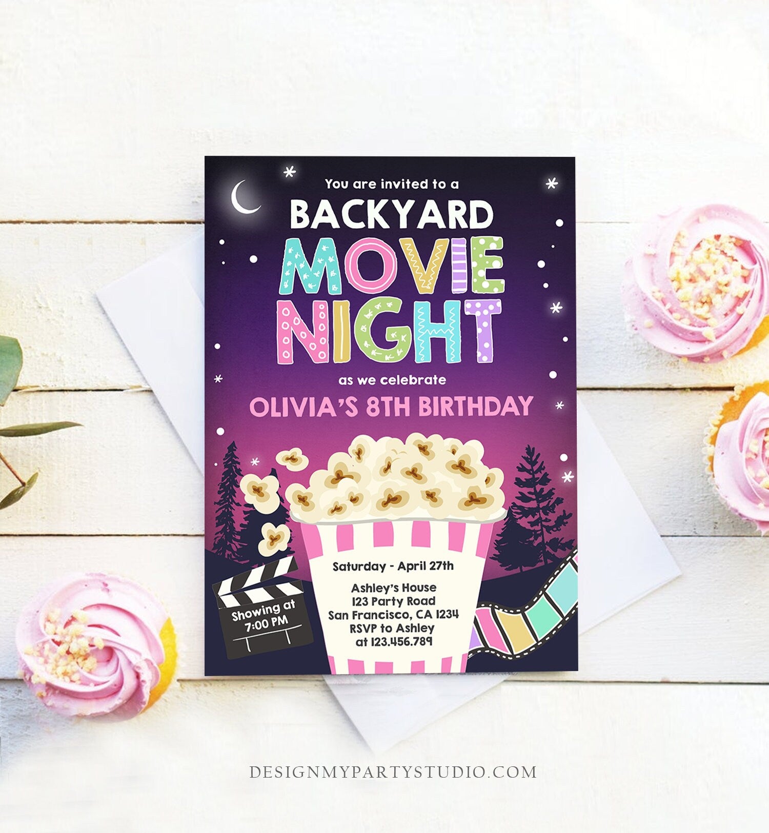 Editable Backyard Movie Night Birthday Invitation Girl Outdoor Movie Under The Stars Cinema Popcorn Sleepover Party Corjl Template 0367