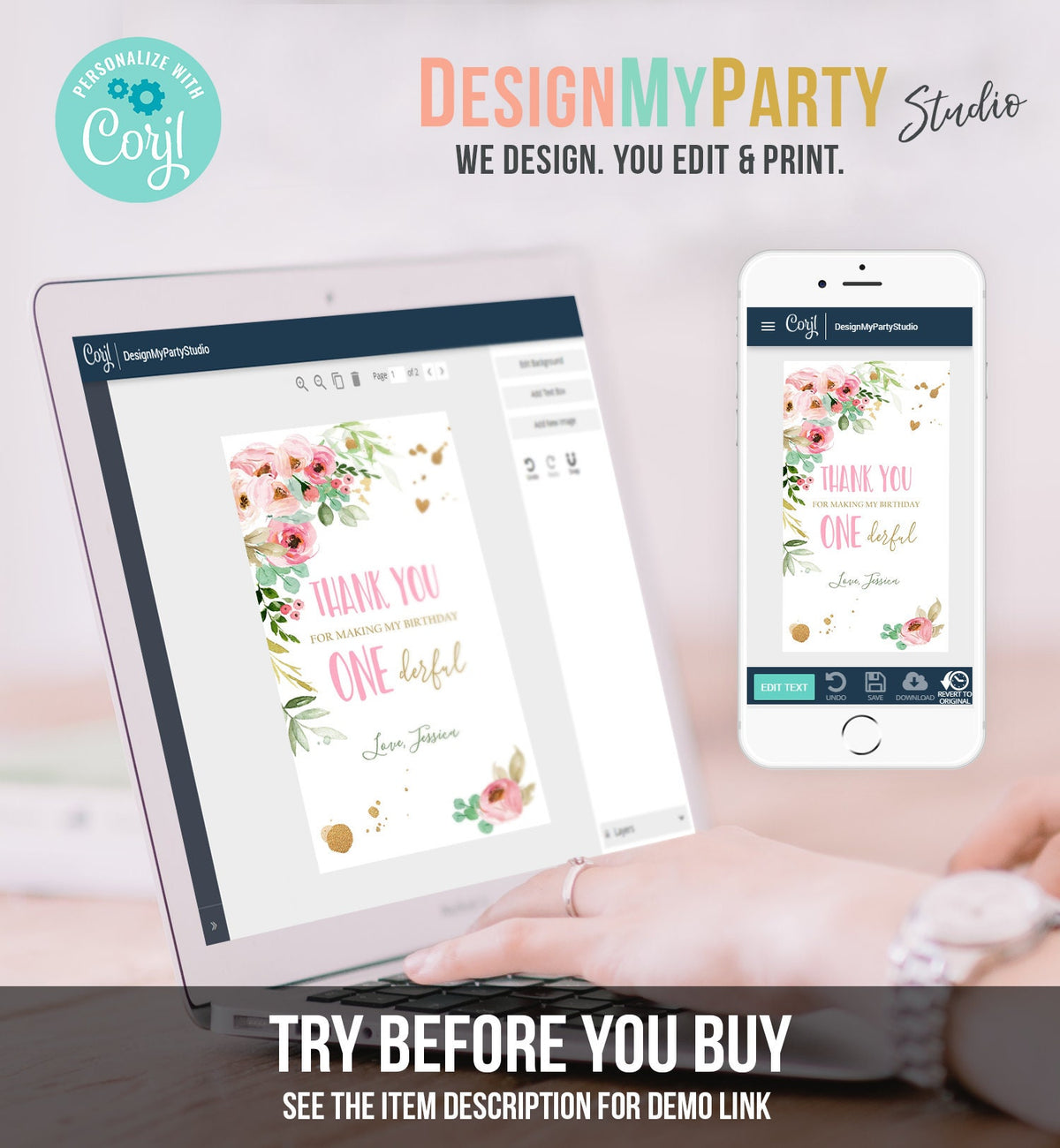 Editable Floral Favor Tag Little Miss Onederful Birthday Thank You Girl Pink Gold Peonies Flowers Digital Download Template Printable 0147