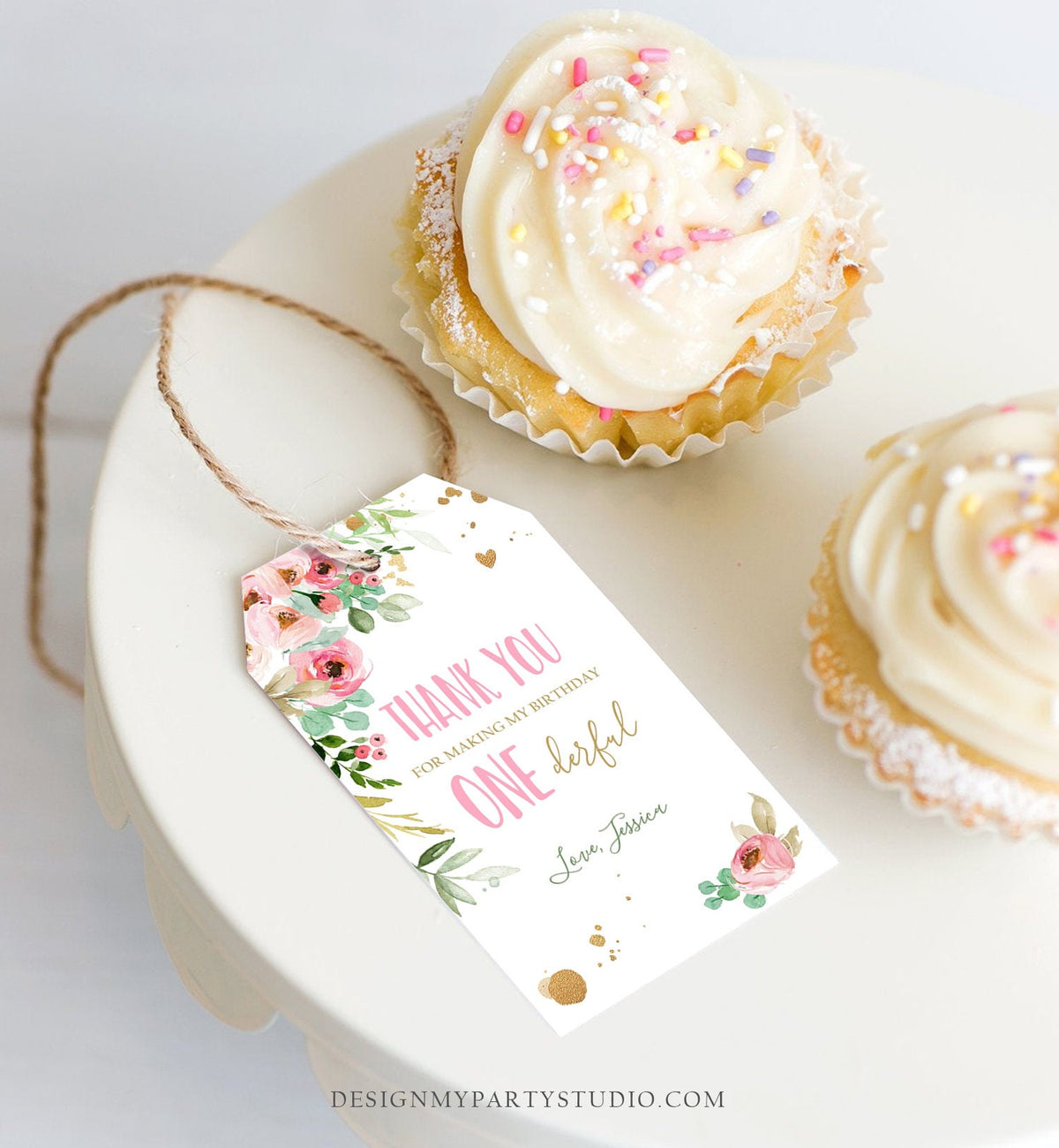 Editable Floral Favor Tag Little Miss Onederful Birthday Thank You Girl Pink Gold Peonies Flowers Digital Download Template Printable 0147