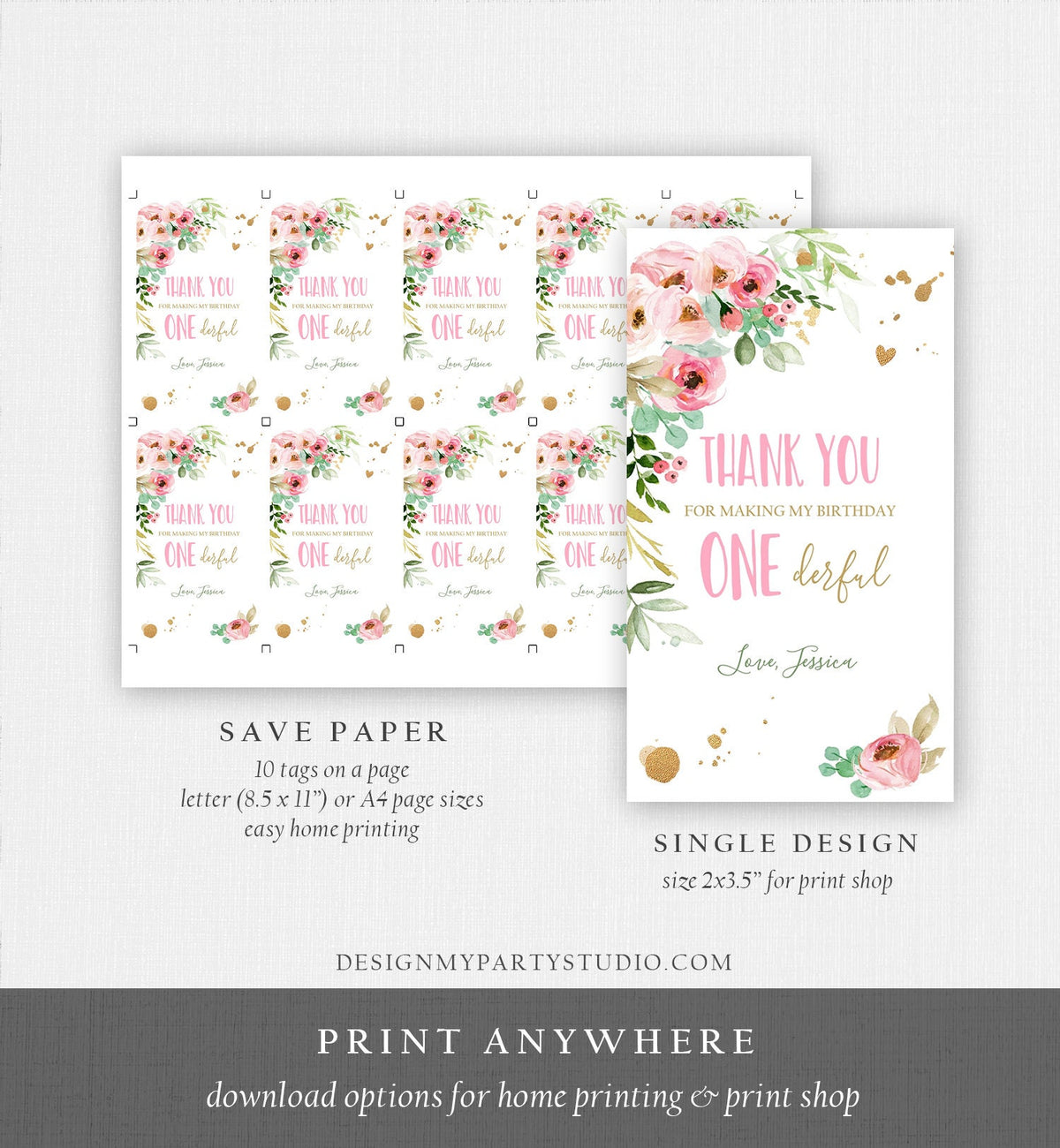 Editable Floral Favor Tag Little Miss Onederful Birthday Thank You Girl Pink Gold Peonies Flowers Digital Download Template Printable 0147