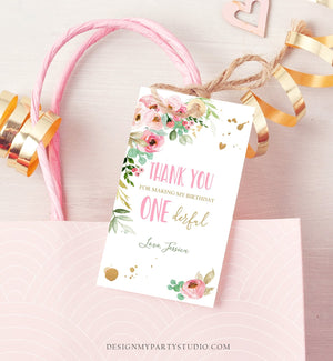 Editable Floral Favor tags Little Miss Onederful Birthday Thank you tag Girl Pink and Gold Peonies Flowers tag template PRINTABLE Corjl 0147