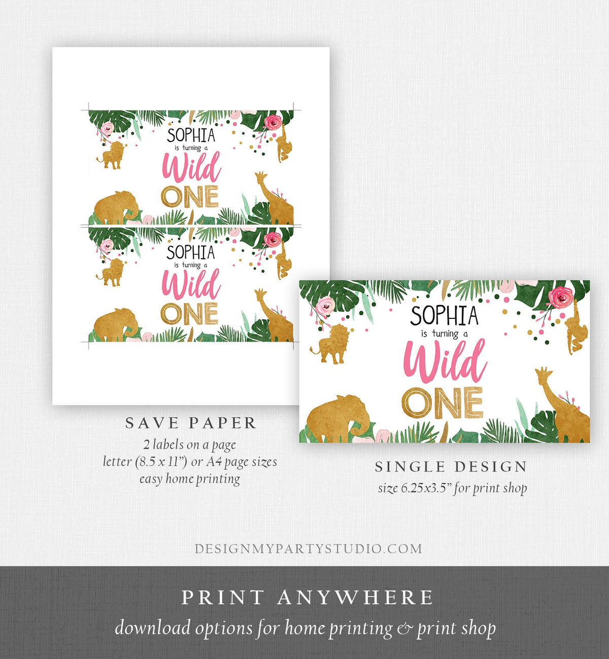 Editable Safari Animals Birthday Gable Gift Box Labels Party Animals Gold Pink Wild One Jungle First Birthday Girl Digital Corjl 0016
