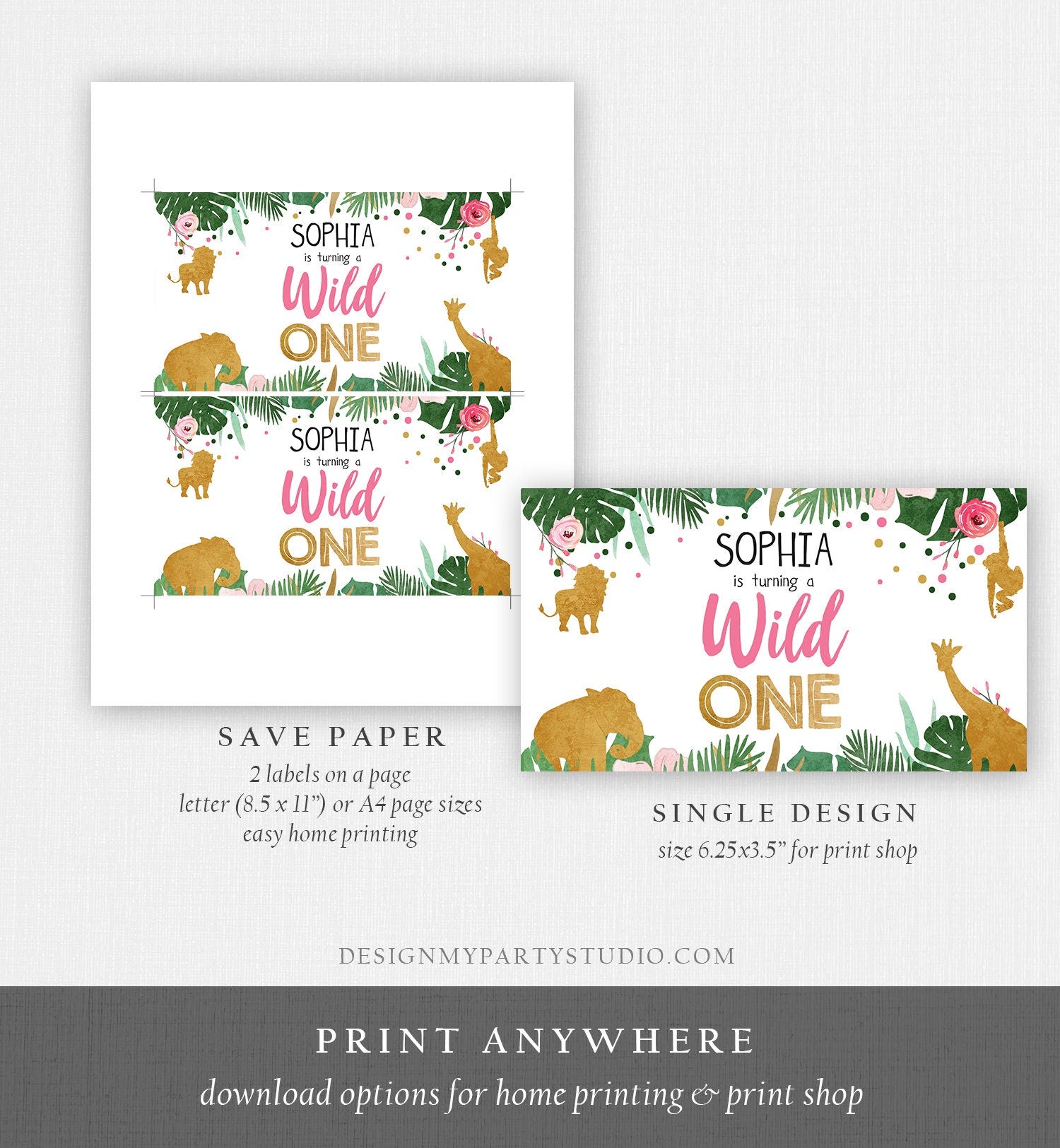 Editable Safari Animals Birthday Gable Gift Box Labels Party Animals Gold Pink Wild One Jungle First Birthday Girl Digital Corjl 0016