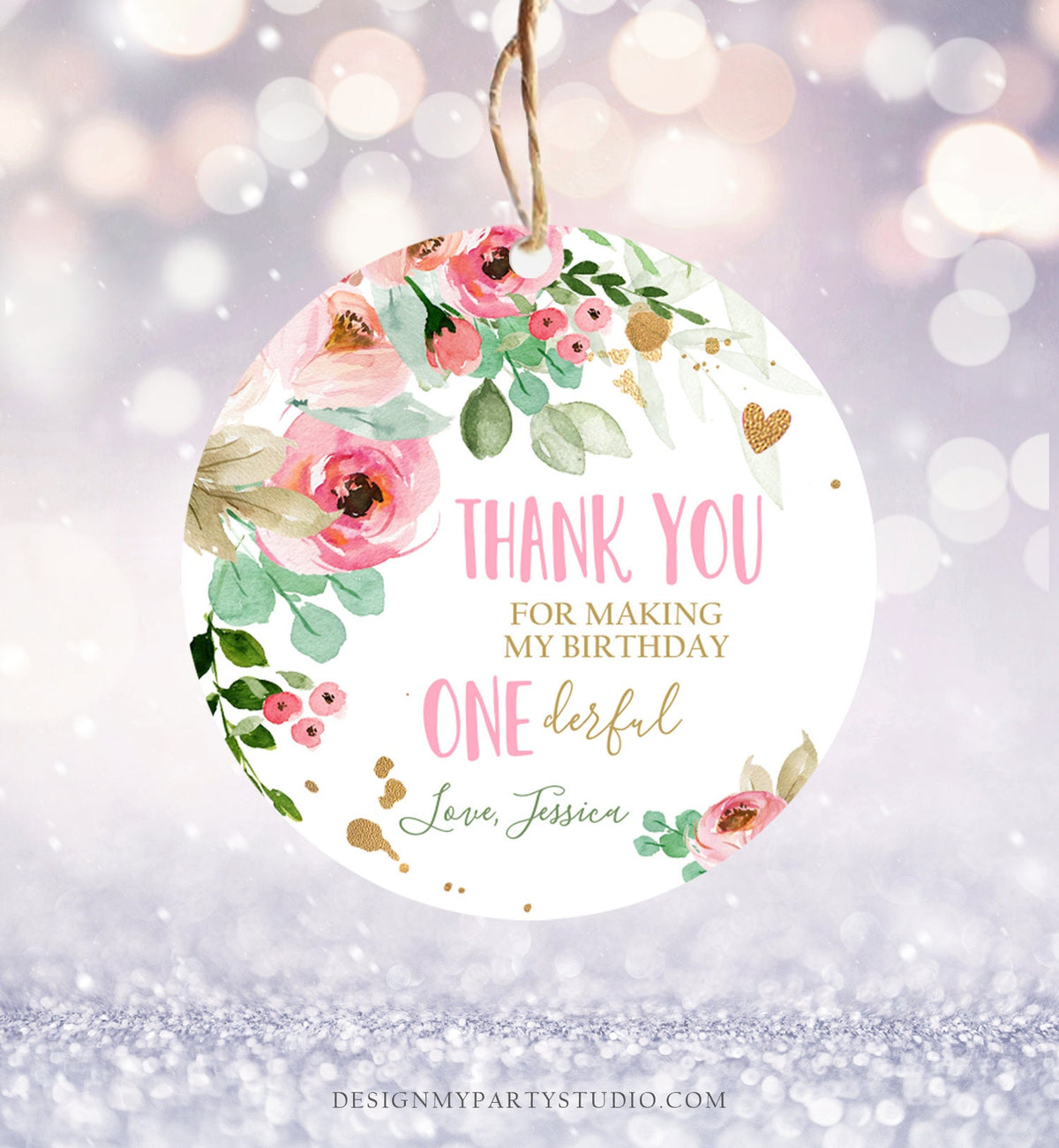 Editable Floral Favor tags Little Miss Onederful Birthday Thank you tag Girl Pink and Gold Peonies Flowers Digital Template Printable 0147
