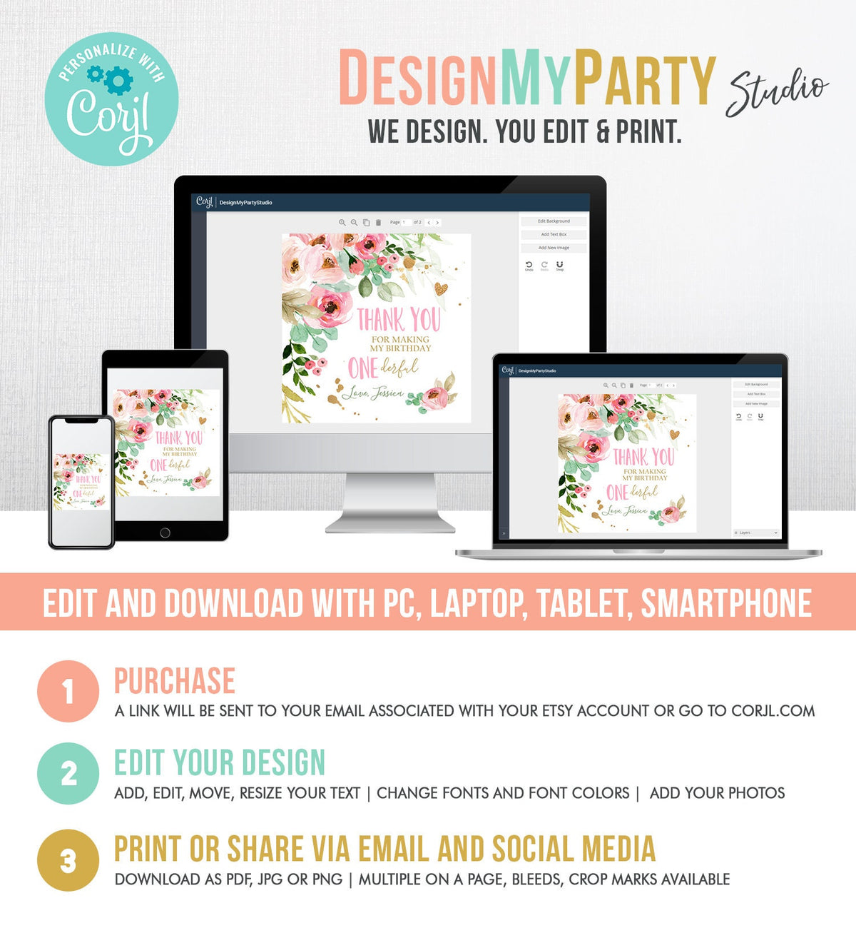 Editable Floral Favor tags Little Miss Onederful Birthday Thank you tag Girl Pink and Gold Peonies Flowers Digital Template Printable 0147