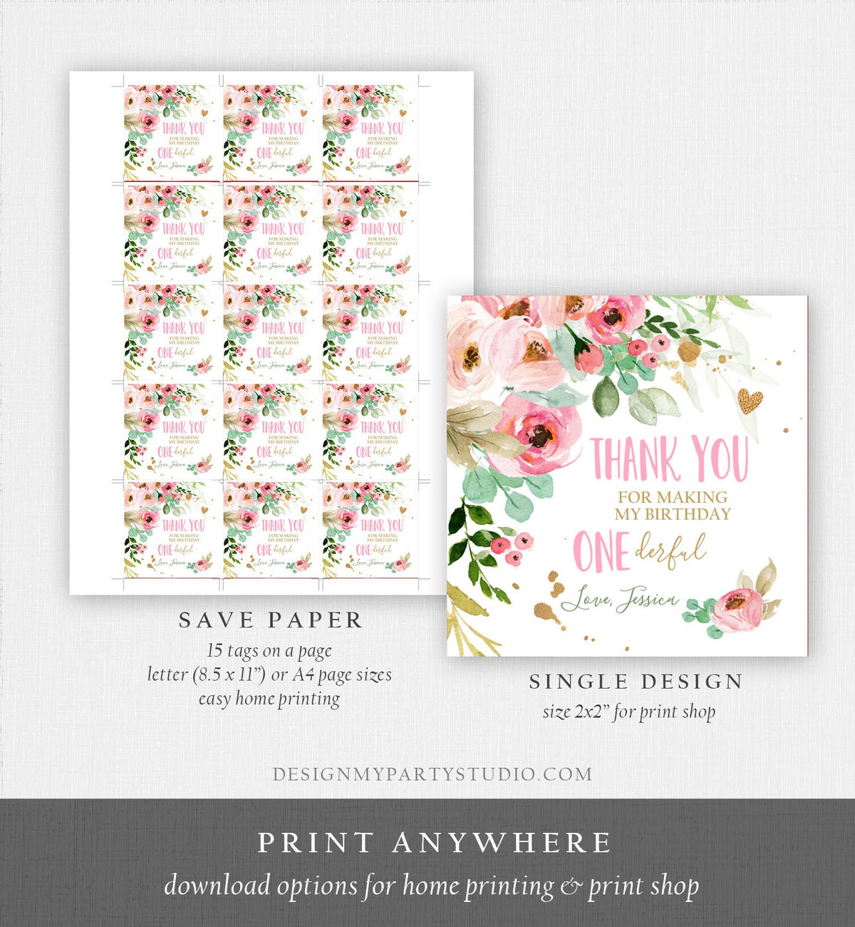 Editable Floral Favor tags Little Miss Onederful Birthday Thank you tag Girl Pink and Gold Peonies Flowers Digital Template Printable 0147