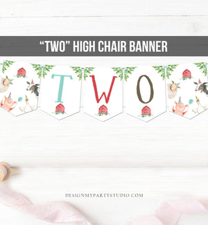 Farm TWO High Chair Banner Farm 2nd Second Birthday Boy Red Farm Animals High Chair Banner Barnyard Party Decor Download Printable 0155