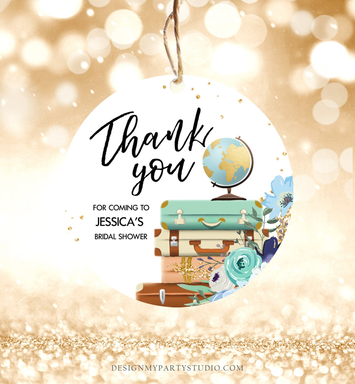 Editable Travel Favor Tag Thank You Gift Tag Adventure Bridal Shower Blue Floral Gold Round Square Stickers Digital Template Printable 0030