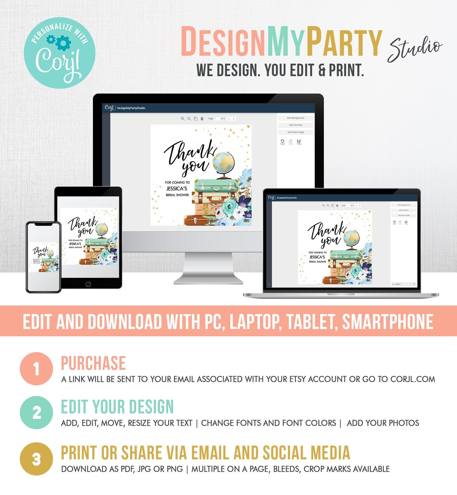 Editable Travel Favor Tag Thank You Gift Tag Adventure Bridal Shower Blue Floral Gold Round Square Stickers Digital Template Printable 0030