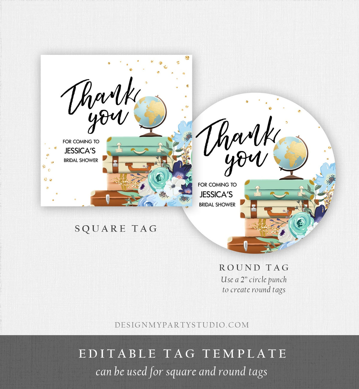 Editable Travel Favor Tag Thank You Gift Tag Adventure Bridal Shower Blue Floral Gold Round Square Stickers Digital Template Printable 0030
