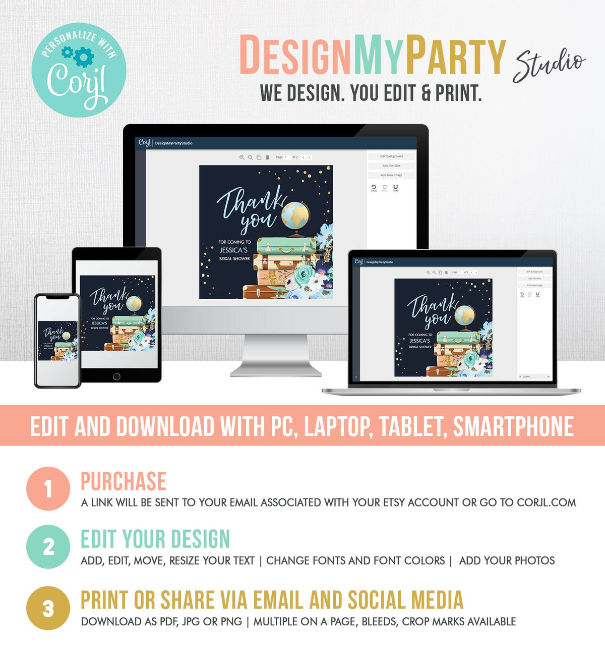 Editable Travel Adventure Favor Tag Thank You Gift Tag Bridal Shower Blue Floral Round Square Stickers Corjl Template Printable 0030