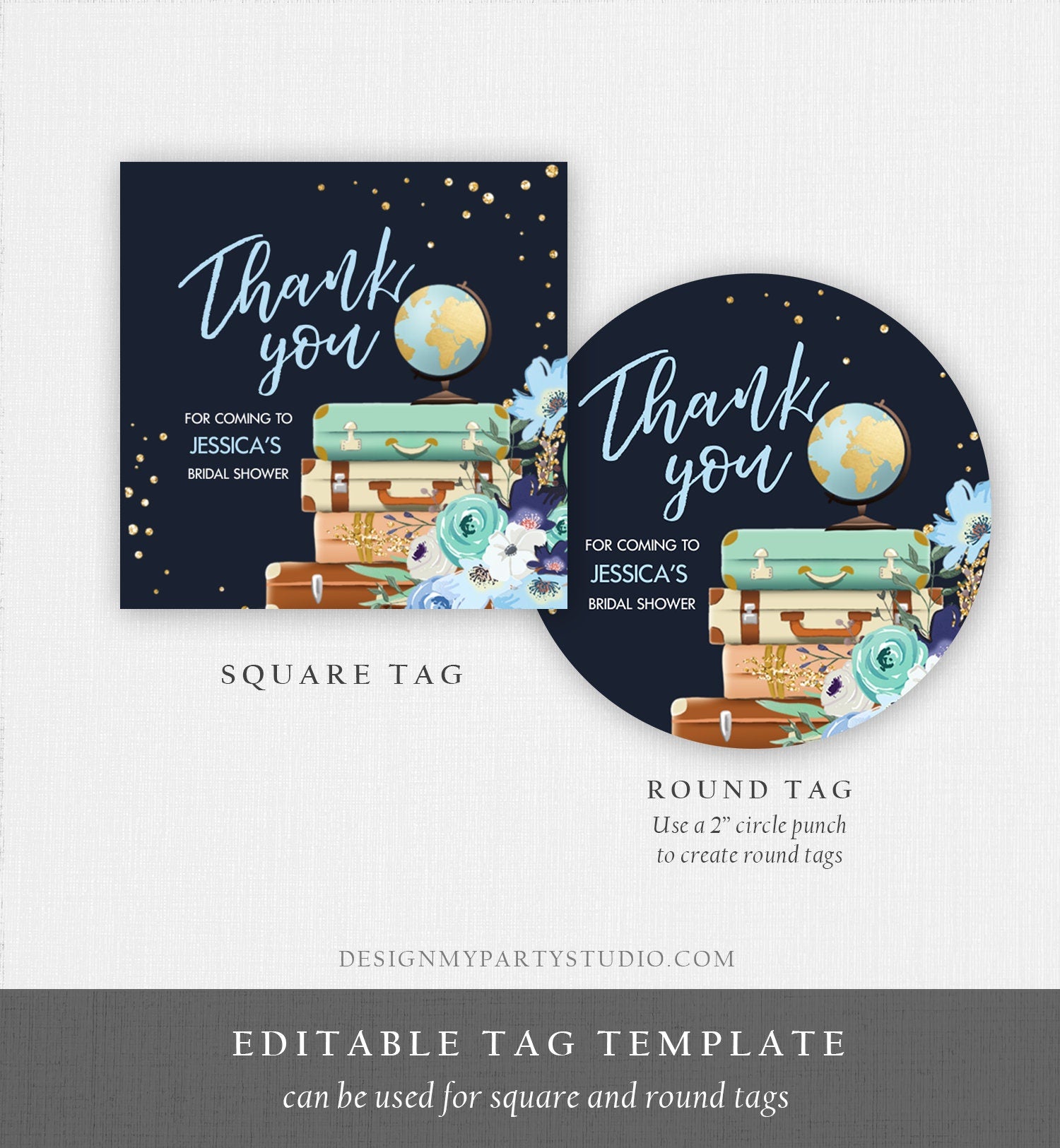 Editable Travel Adventure Favor Tag Thank You Gift Tag Bridal Shower Blue Floral Round Square Stickers Corjl Template Printable 0030