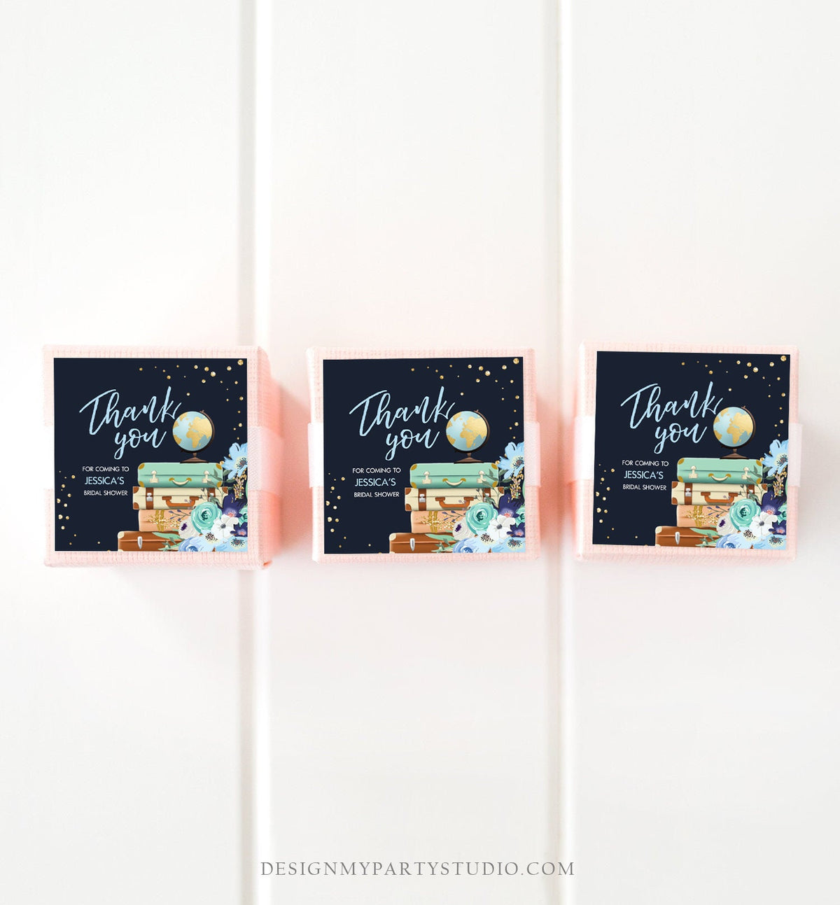 Editable Travel Adventure Favor Tag Thank You Gift Tag Bridal Shower Blue Floral Round Square Stickers Corjl Template Printable 0030