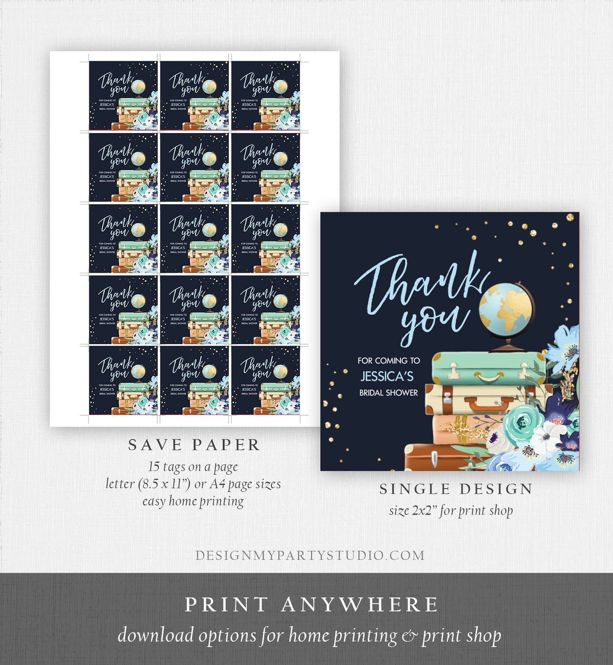 Editable Travel Adventure Favor Tag Thank You Gift Tag Bridal Shower Blue Floral Round Square Stickers Corjl Template Printable 0030