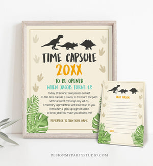 Editable Dinosaur Time Capsule First Birthday Party Green Gold Boy Party 1st Table Sign Cards T-Rex Guestbook Corjl Template Printable 0043