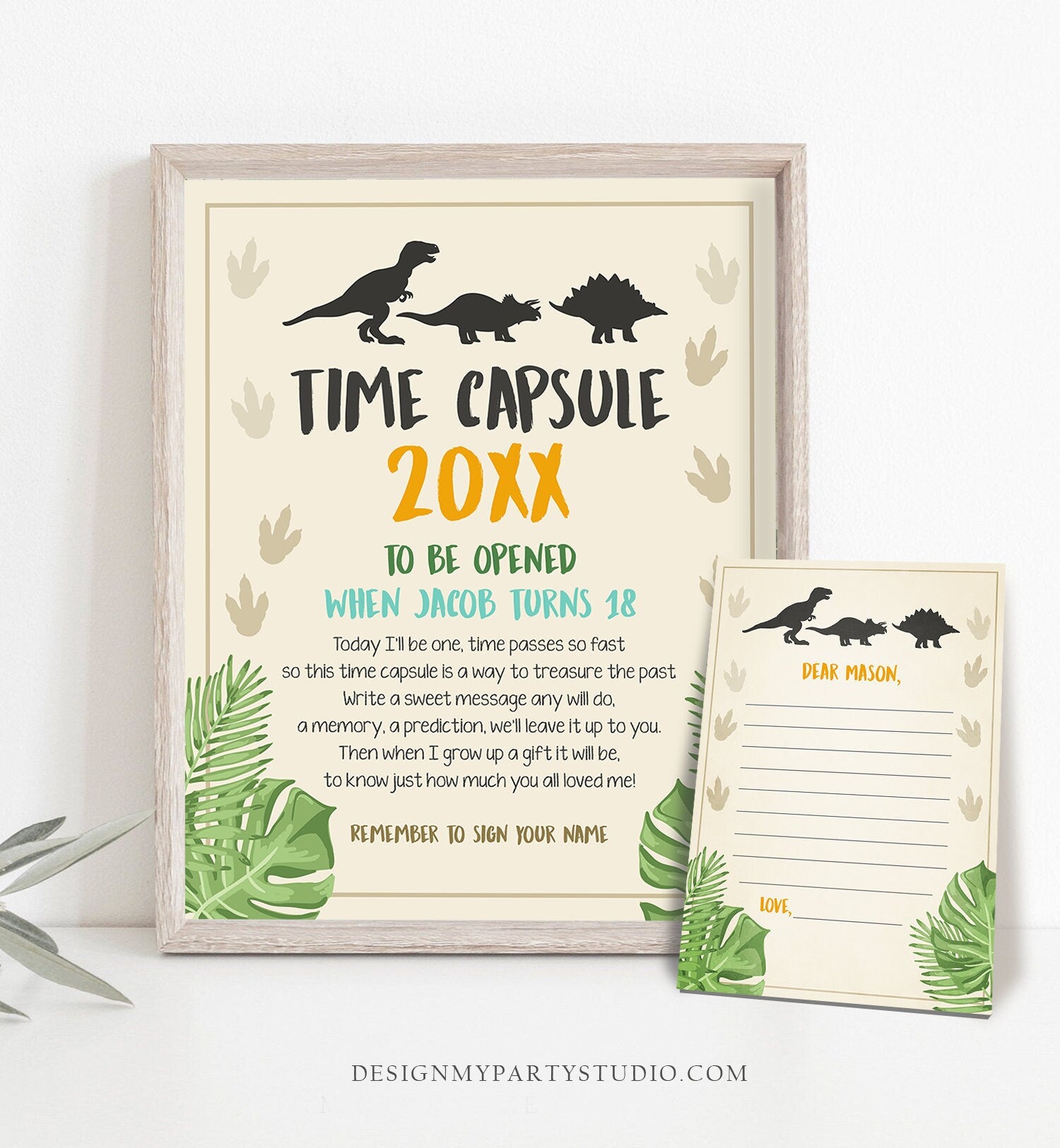 editable-dinosaur-time-capsule-first-birthday-party-green-gold-boy-par-design-my-party-studio for Free Printable 1st Birthday Time Capsule Letter Editable Dinosaur Time Capsule First Birthday Party Green Gold Boy Par - Design My Party Studio for Free Printable 1st Birthday Time Capsule Letter
