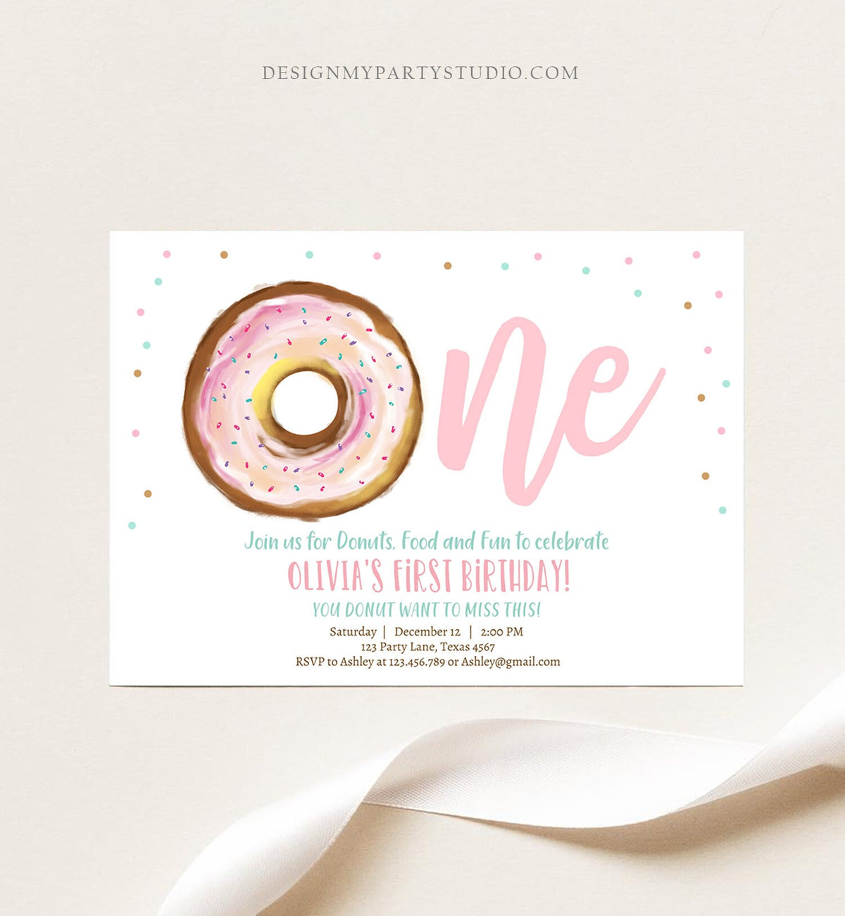 Editable Donut 1st Birthday Invitation First Birthday Invite Pink Donut Girl Doughnut Sweet Digital Download Evite Template Printable D0368