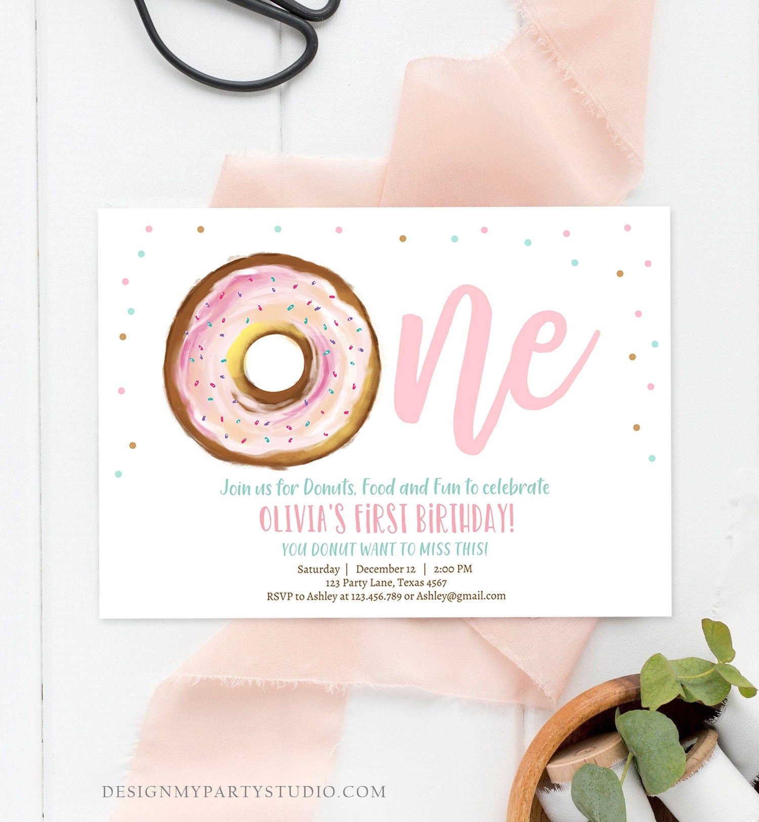 Editable Donut 1st Birthday Invitation First Birthday Invite Pink Donut Girl Doughnut Sweet Digital Download Printable Template Corjl 0368