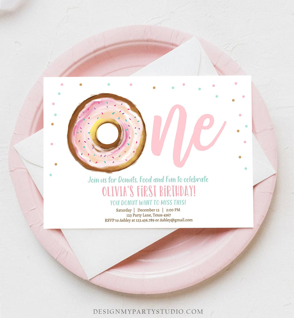 Editable Donut 1st Birthday Invitation First Birthday Invite Pink Donut Girl Doughnut Sweet Digital Download Evite Template Printable D0368