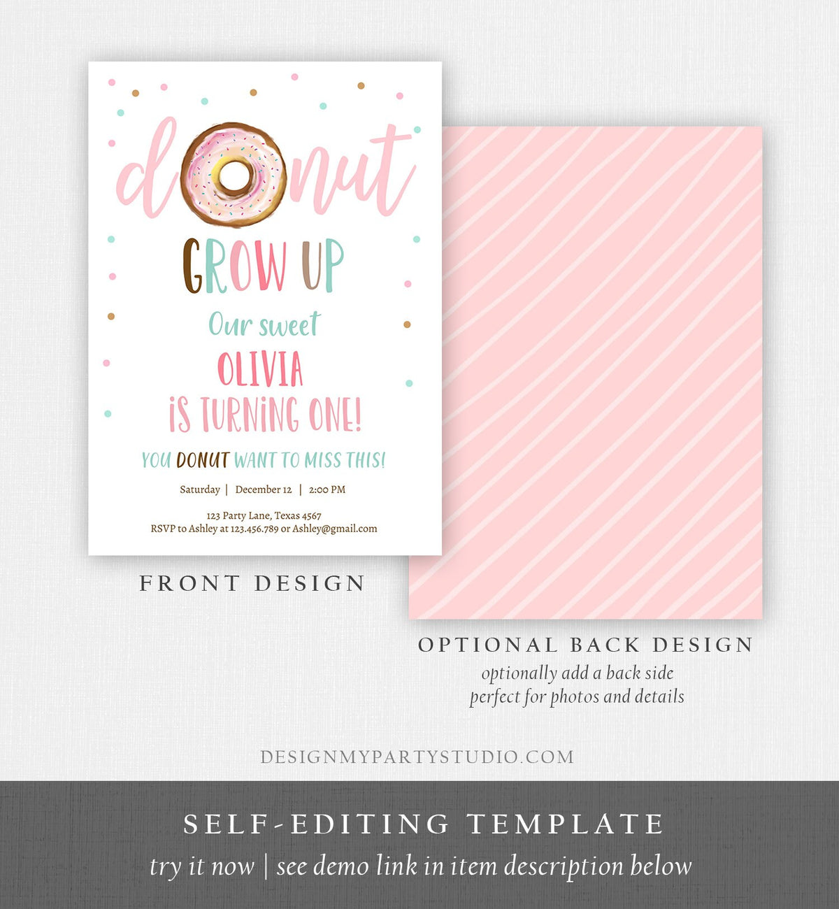 Editable Donut Grow Up Birthday Invitation First Birthday Party Pink Girl Doughnut Sweet Digital Download Evite Template Printable 0368
