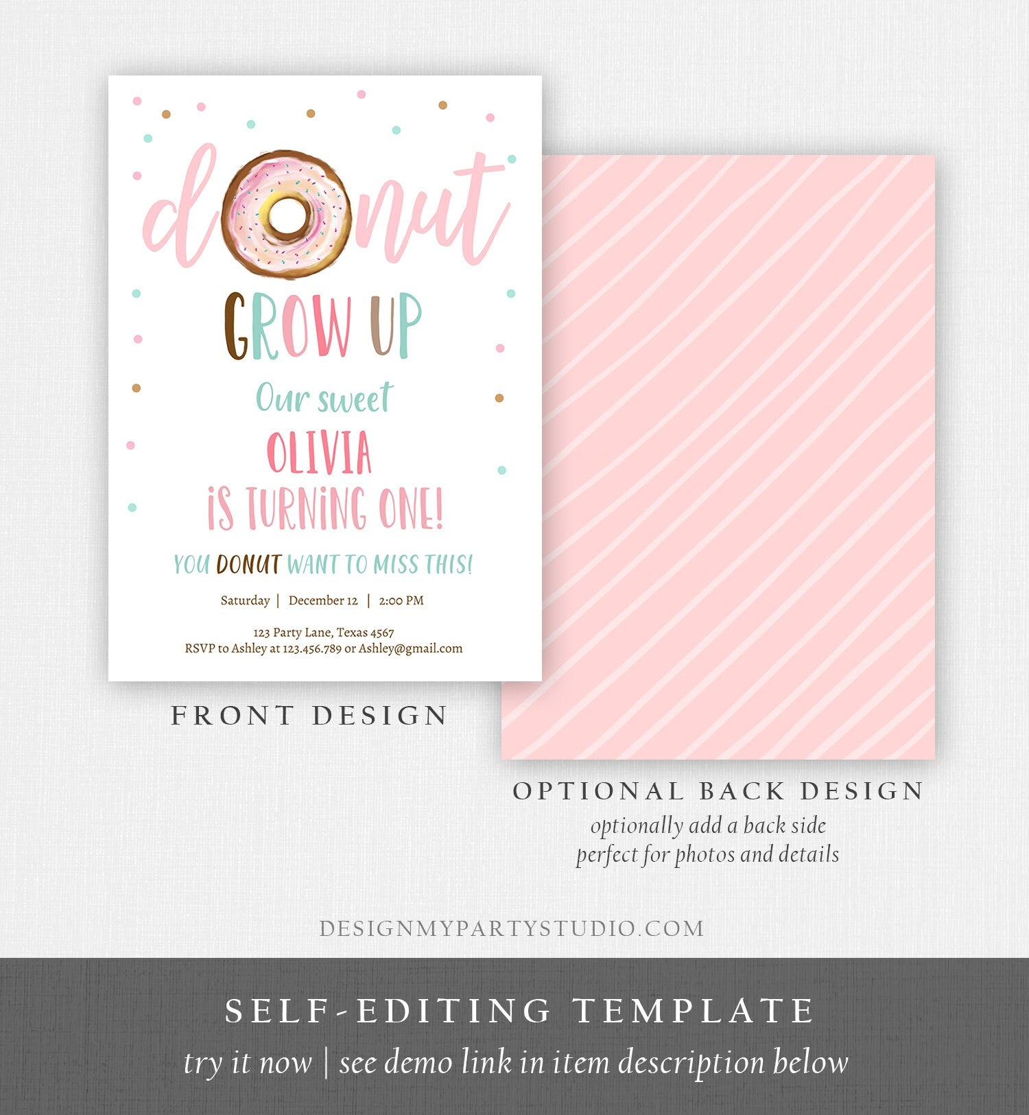 Editable Donut Grow Up Birthday Invitation First Birthday Party Pink Girl Doughnut Sweet Digital Download Evite Template Printable 0368