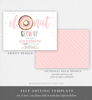 Editable Donut Grow Up Birthday Invitation First Birthday Party Pink Girl Doughnut Sweet Digital Download Printable Template Corjl 0368