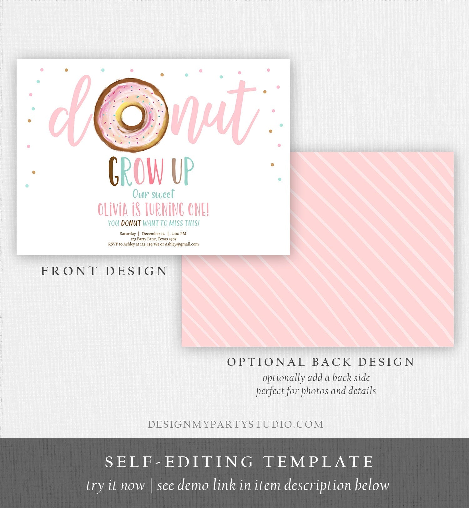 Editable Donut Grow Up Birthday Invitation First Birthday Party Pink Girl Doughnut Sweet Digital Digital Download Template Printable 0368