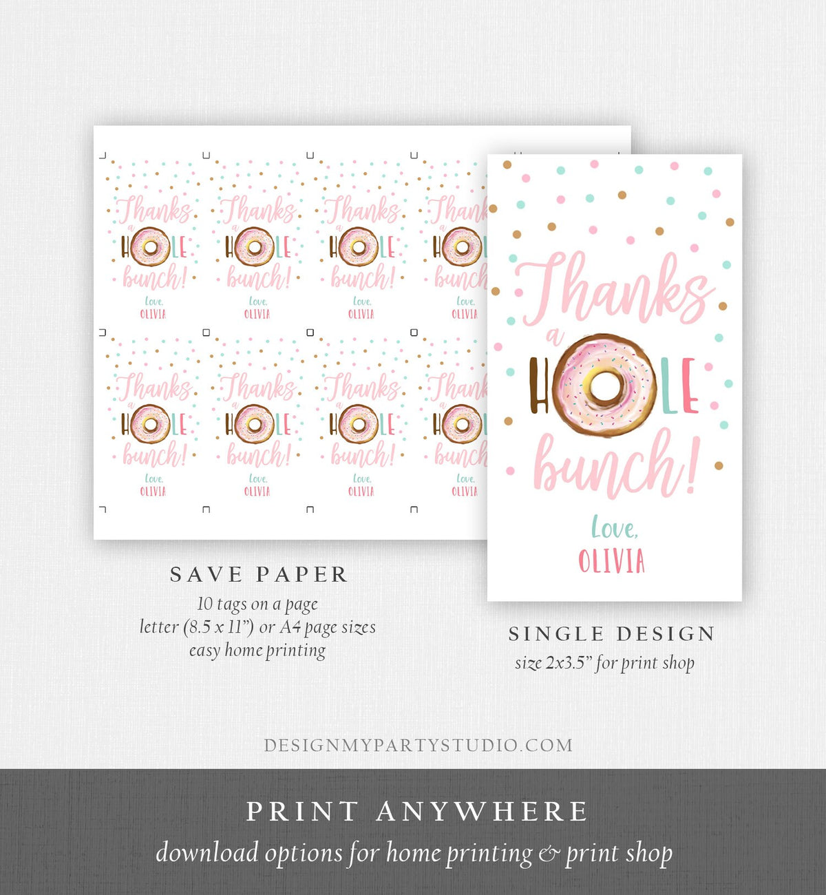 Editable Donut Favor Tags Tags Donut Birthday Donut Thank you tags A hole bunch Birthday Girl Pink Donut tags Template PRINTABLE Corjl 0368