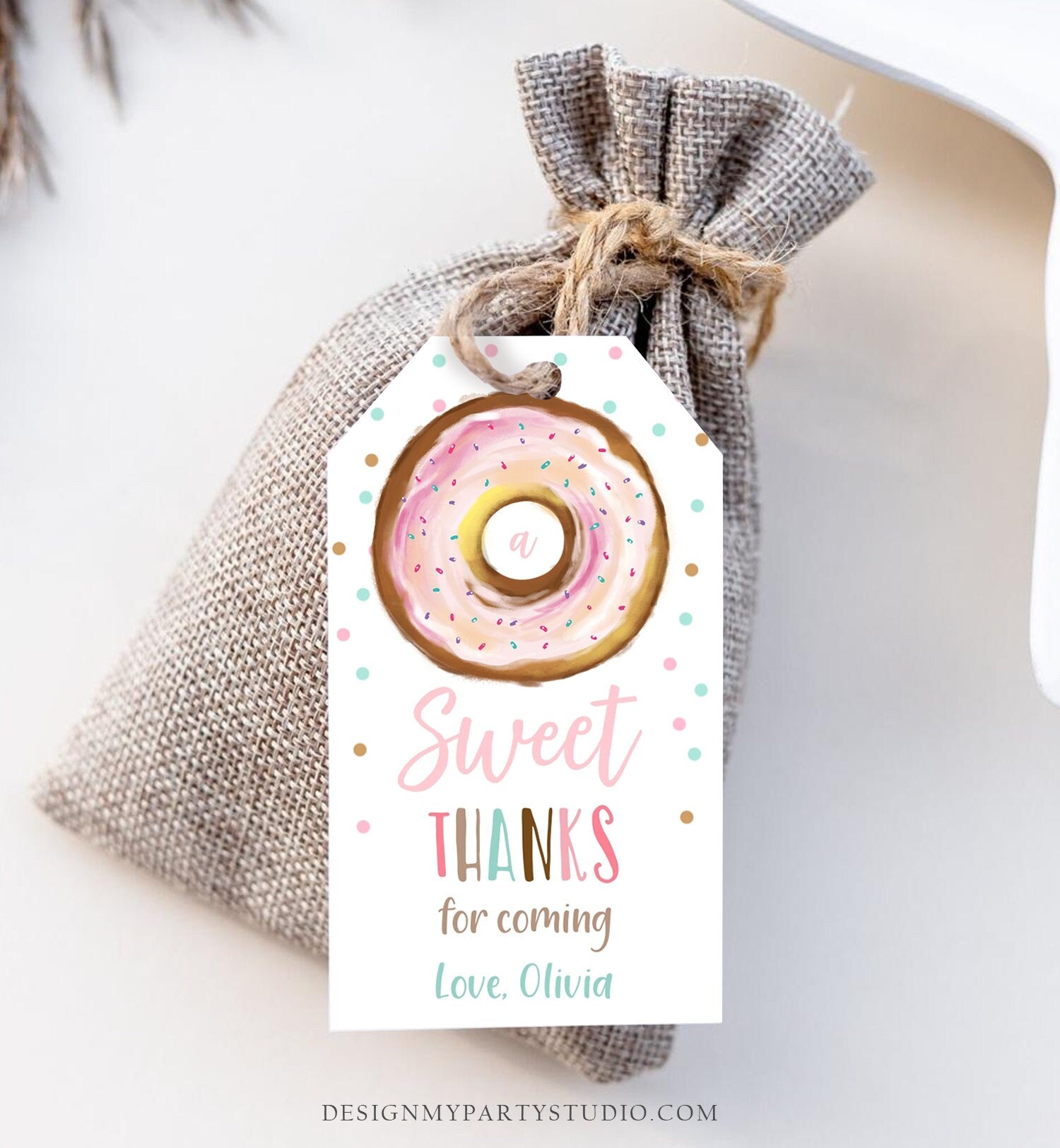 Editable Donut Favor Tags Sweet Thanks for Coming Donut Birthday Donut Thank you Tags Girl Pink Donut tags Template PRINTABLE Corjl 0368