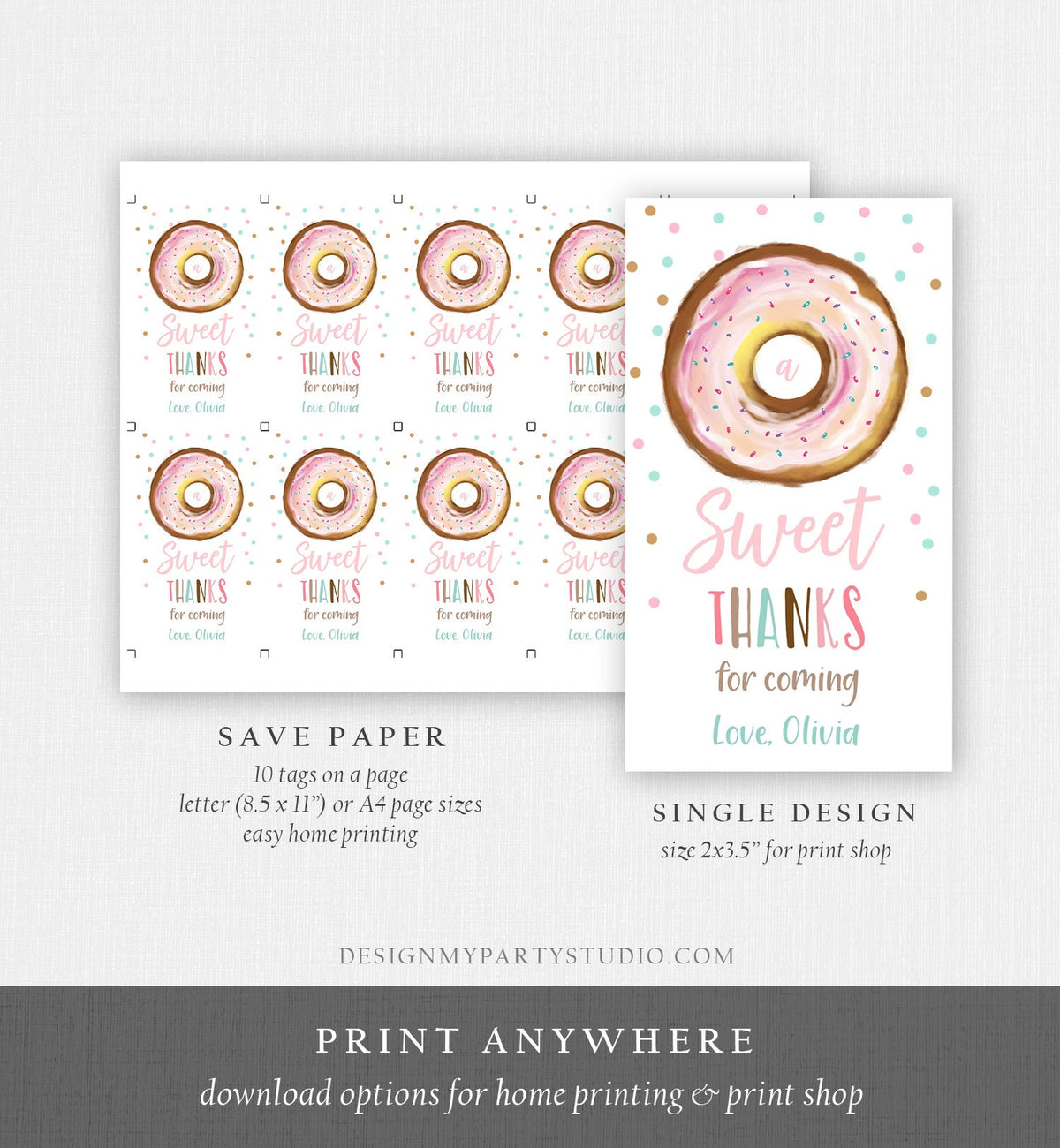 Editable Donut Favor Tag Sweet Thanks for Coming Donut Birthday Donut Thank You Gift Girl Pink Donut Digital Template Printable 0368