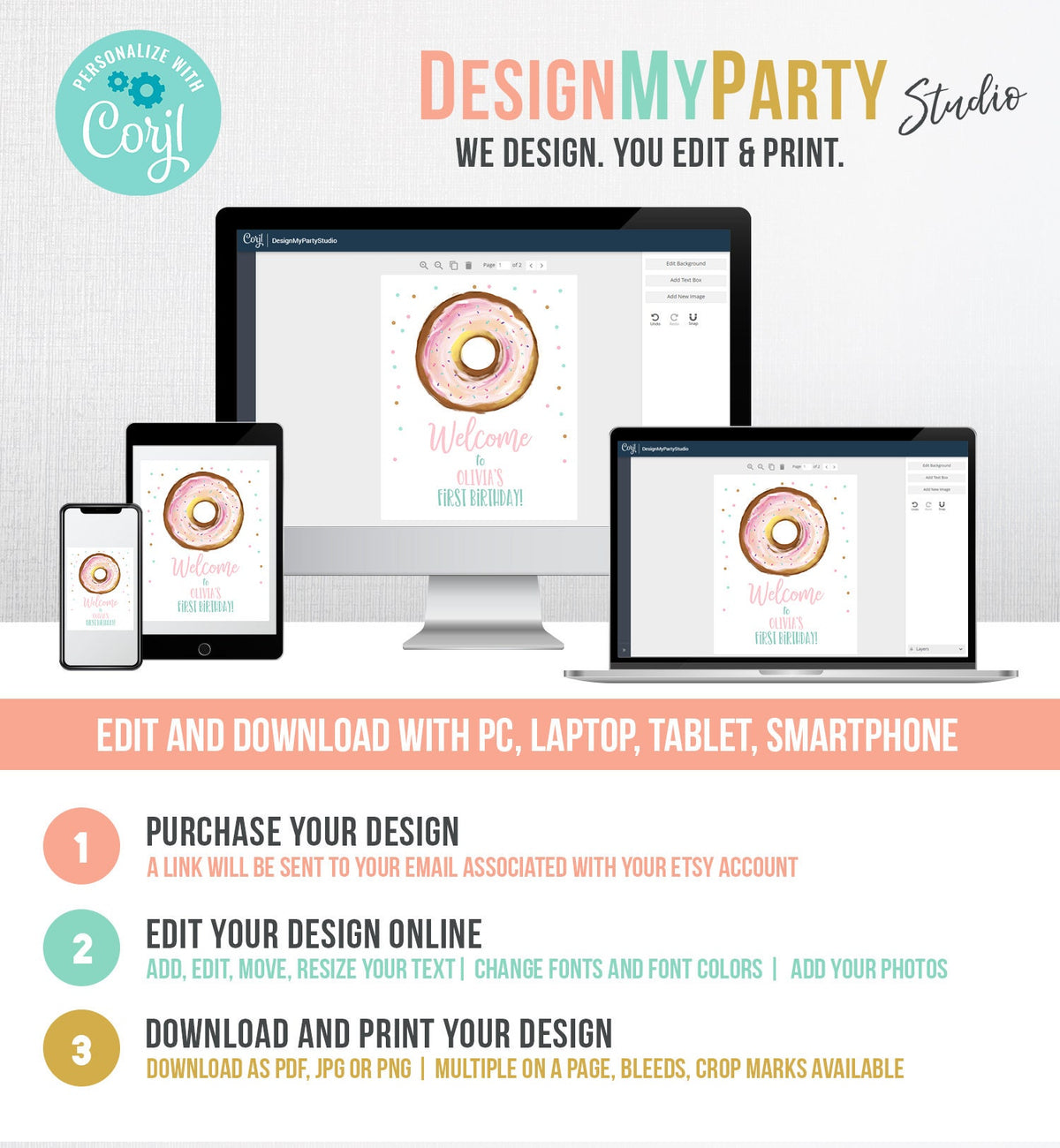 Editable Donut Welcome Sign Donut Birthday Party Pink Girl Doughnut Baby Shower Two Sweet Sprinkle Download Corjl Template Printable 0368