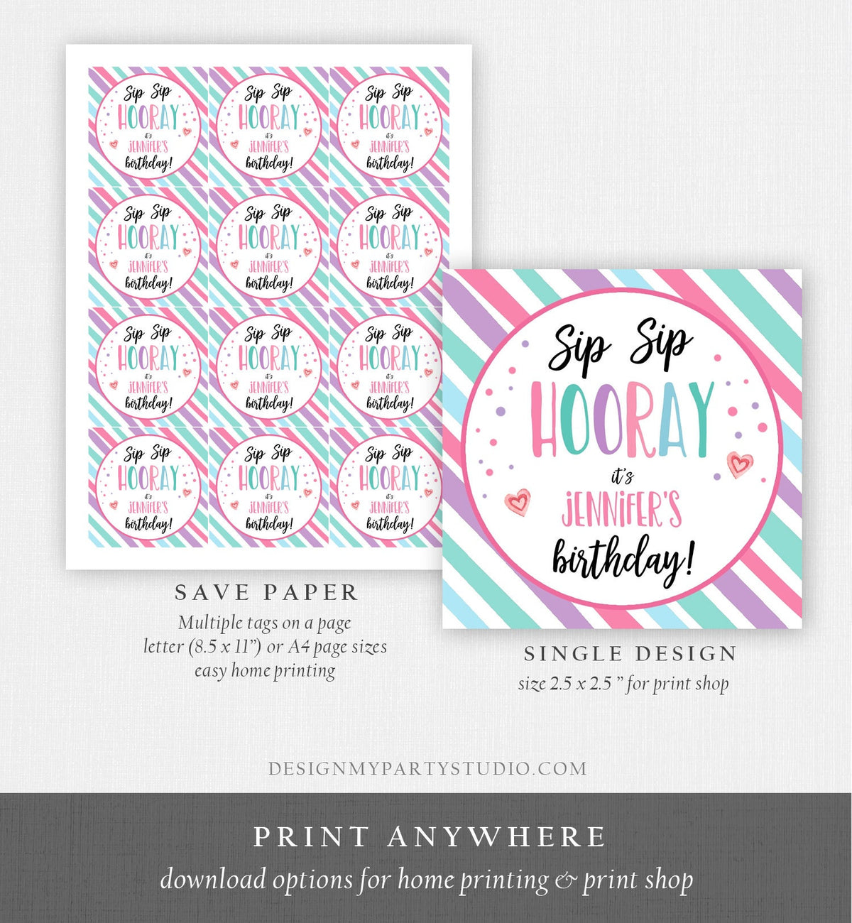 Editable Crazy Straw Tags Birthday Tags Sip Sip Hooray Its Your Birthday Favors Straw Tag Pink Purple Digital Template Printable 0370