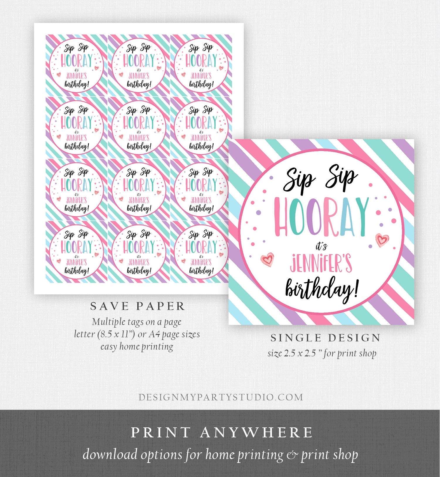 Editable Crazy Straw Tags Birthday Tags Sip Sip Hooray Its Your Birthday Favors Straw Tag Pink Purple Digital Template Printable 0370