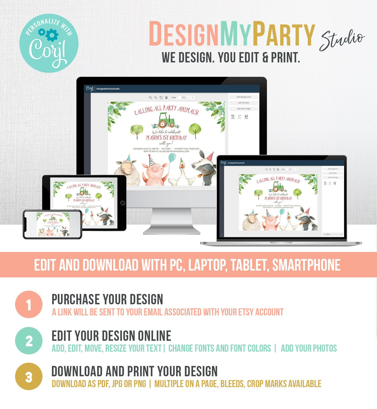 Editable Farm Birthday Invitation Boy Farm Animals Green Tractor Barnyard Barn Birthday Party Animals Digital Evite Template Printable 0155