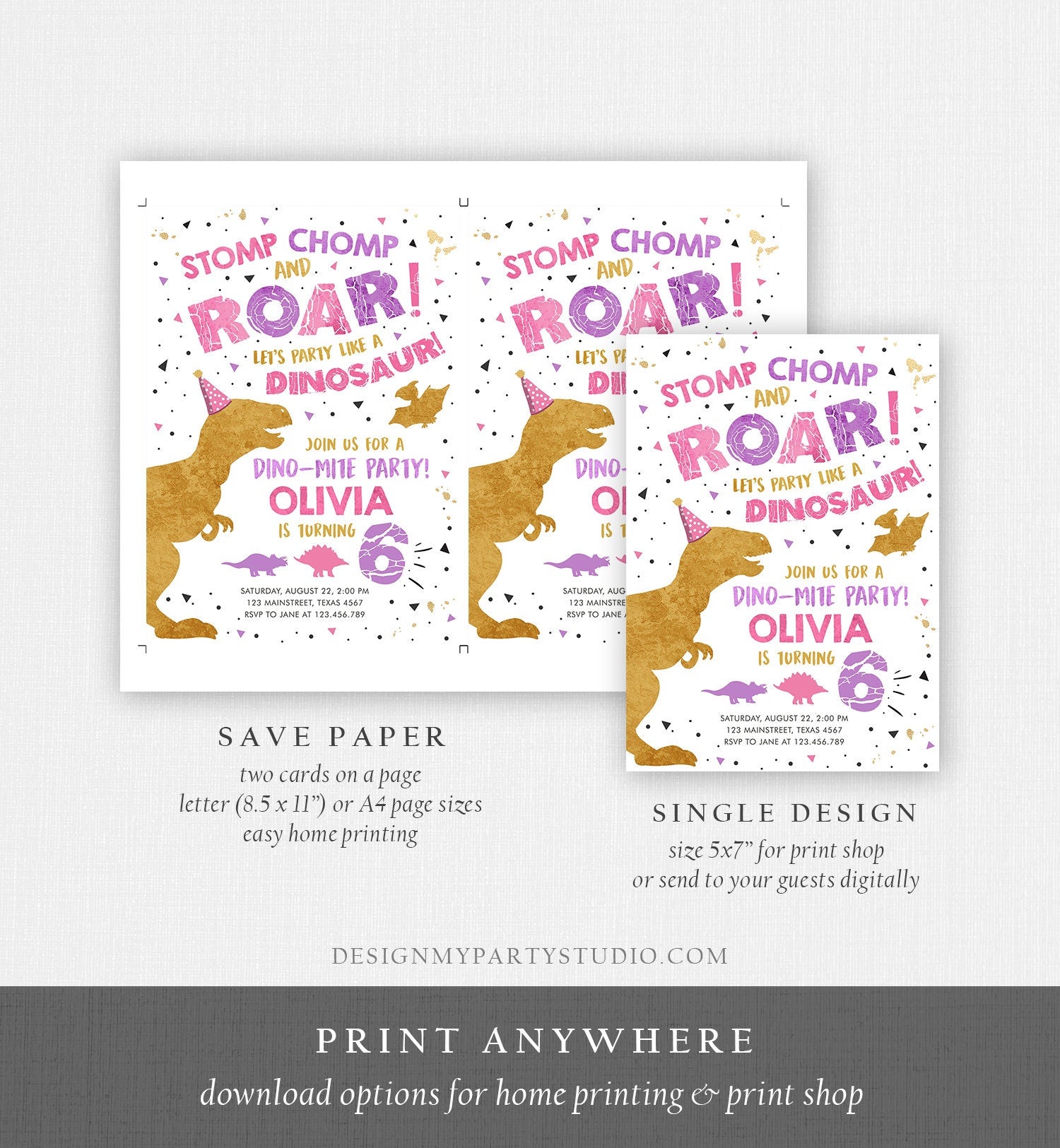 Editable Dinosaur Birthday Invitation Dino Dig Party Prehistoric Gold Pink Girl T-Rex Digital Download Evite Template Printable 0369