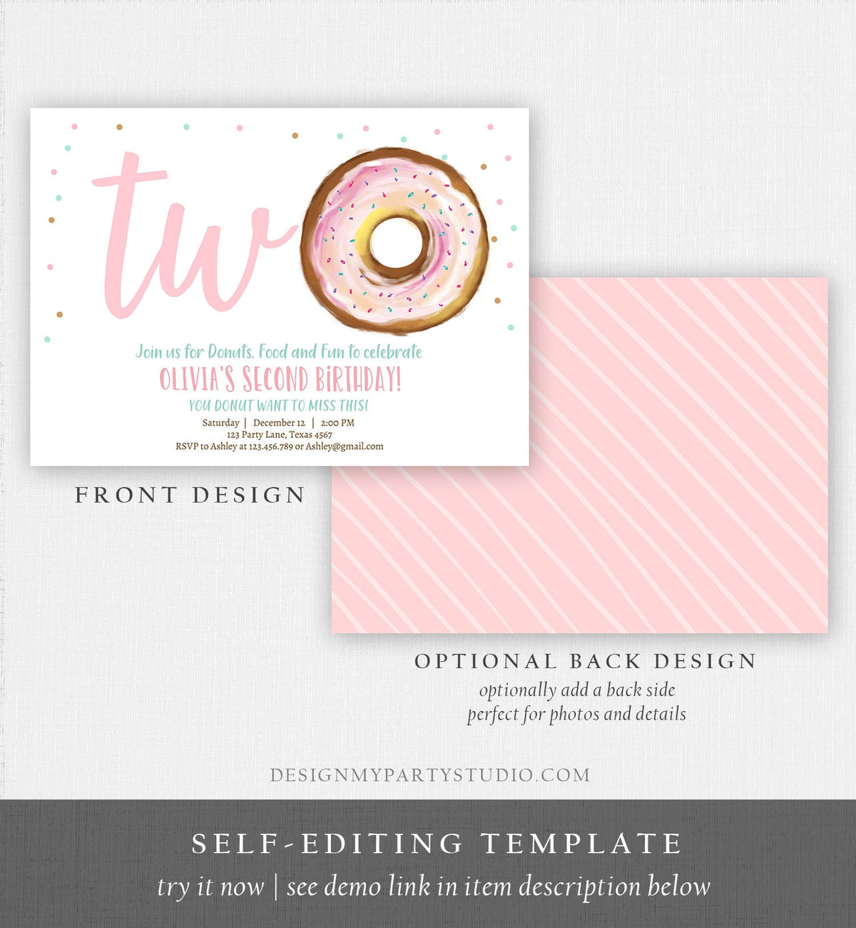 Editable Donut 2nd Birthday Invitation Second Birthday Invite Pink Donut Girl Two Sweet Party Digital Download Printable Template Corjl 0368
