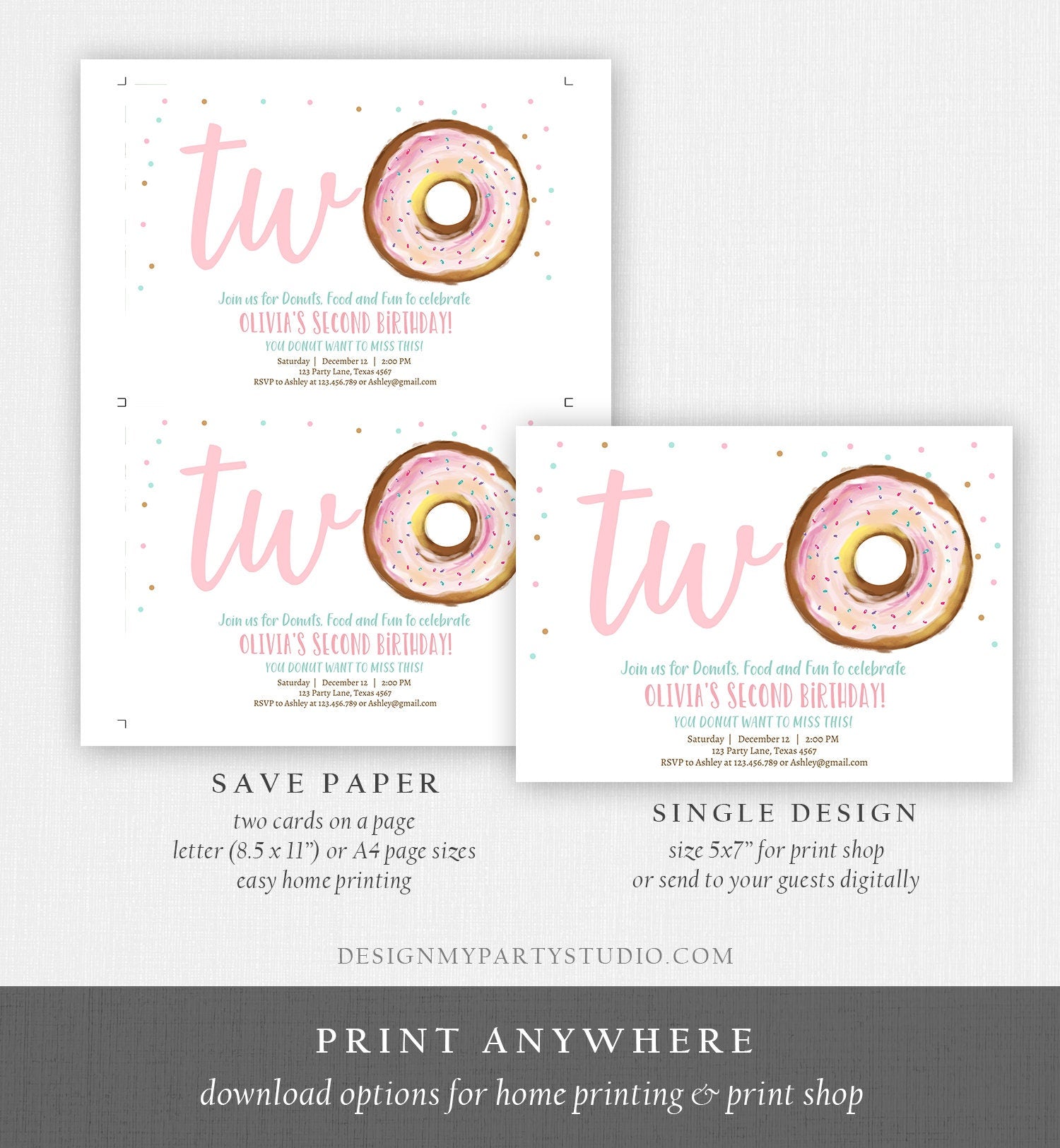 Editable Donut 2nd Birthday Invitation Second Birthday Invite Pink Donut Girl Two Sweet Party Digital Download Printable Template Corjl 0368