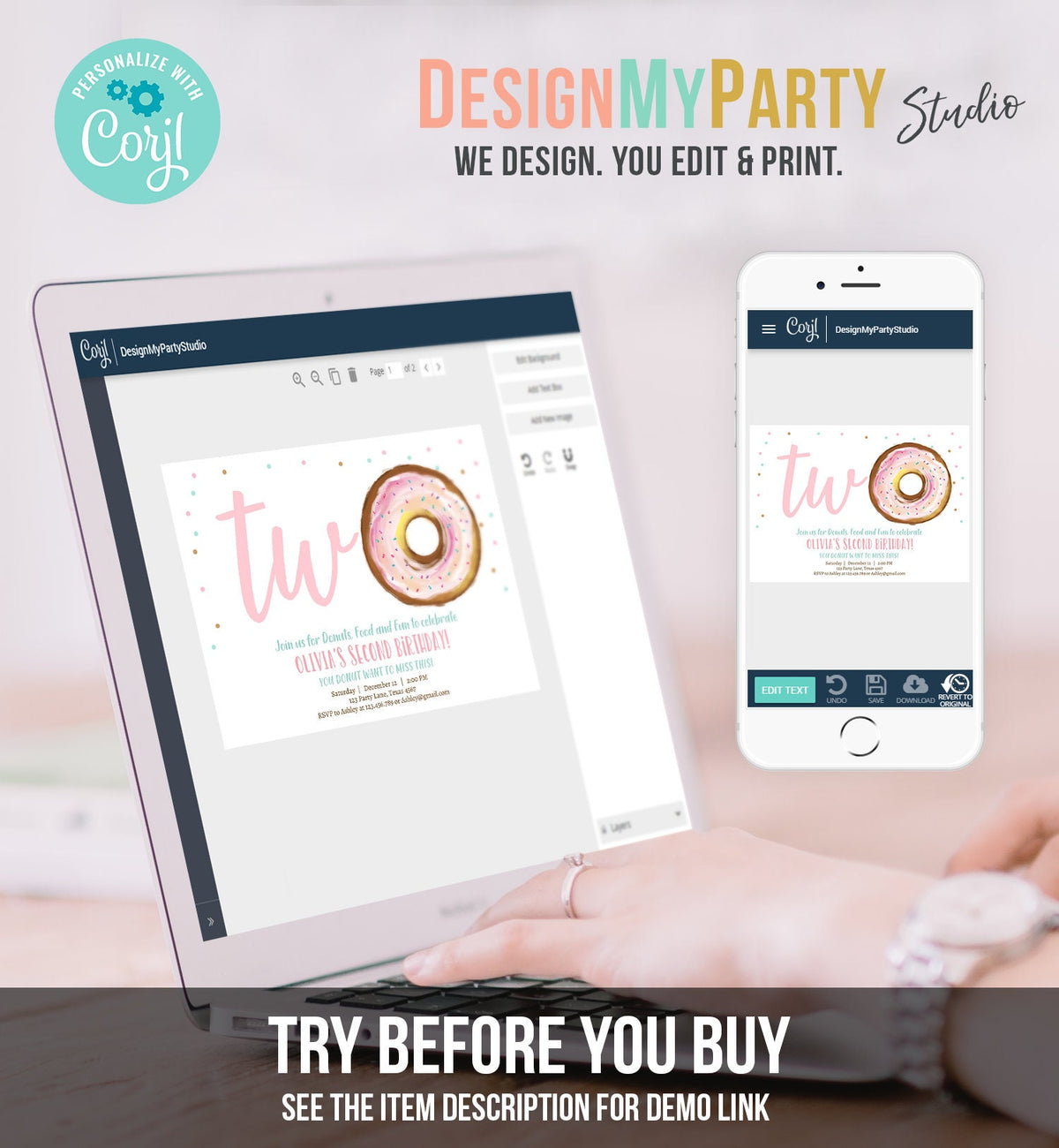 Editable Donut 2nd Birthday Invitation Second Birthday Invite Pink Donut Girl Two Sweet Party Digital Download Printable Template Corjl 0368