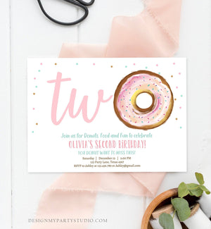 Editable Donut 2nd Birthday Invitation Second Birthday Invite Pink Donut Girl Two Sweet Party Digital Download Printable Template Corjl 0368
