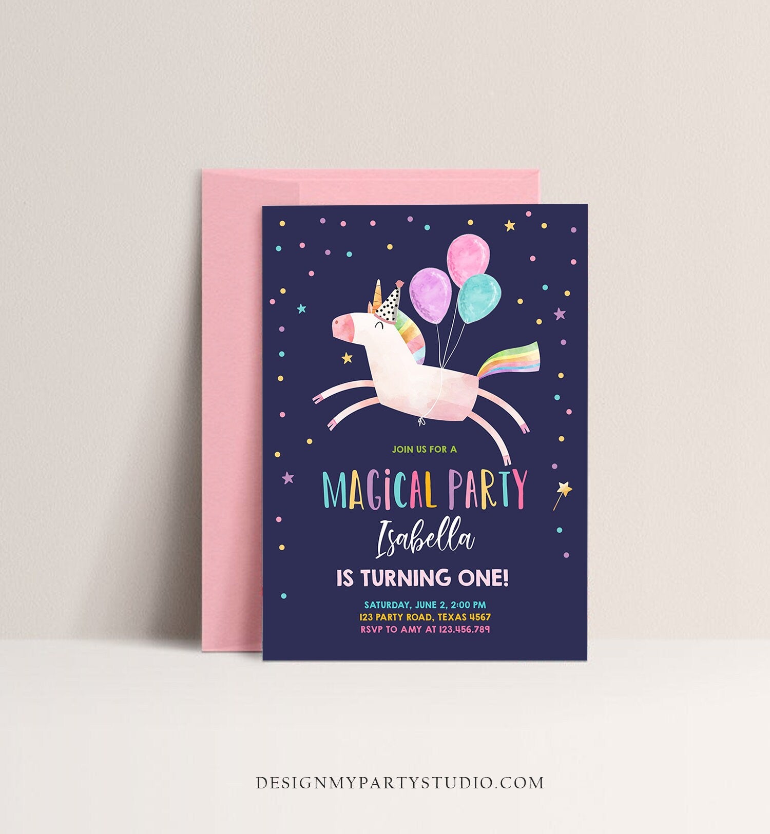 Editable Unicorn Birthday Invitation Magical Party Celebration Girl Pink Rainbow Balloons Digital Download Evite Template Printable 0336