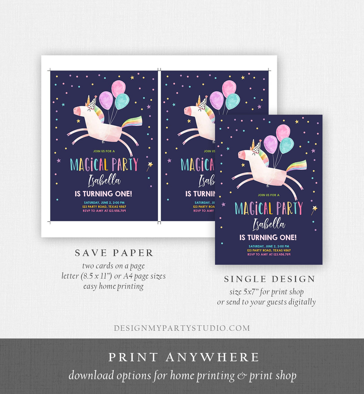 Editable Unicorn Birthday Invitation Magical Party Celebration Girl Pink Rainbow Balloons Digital Download Evite Template Printable 0336
