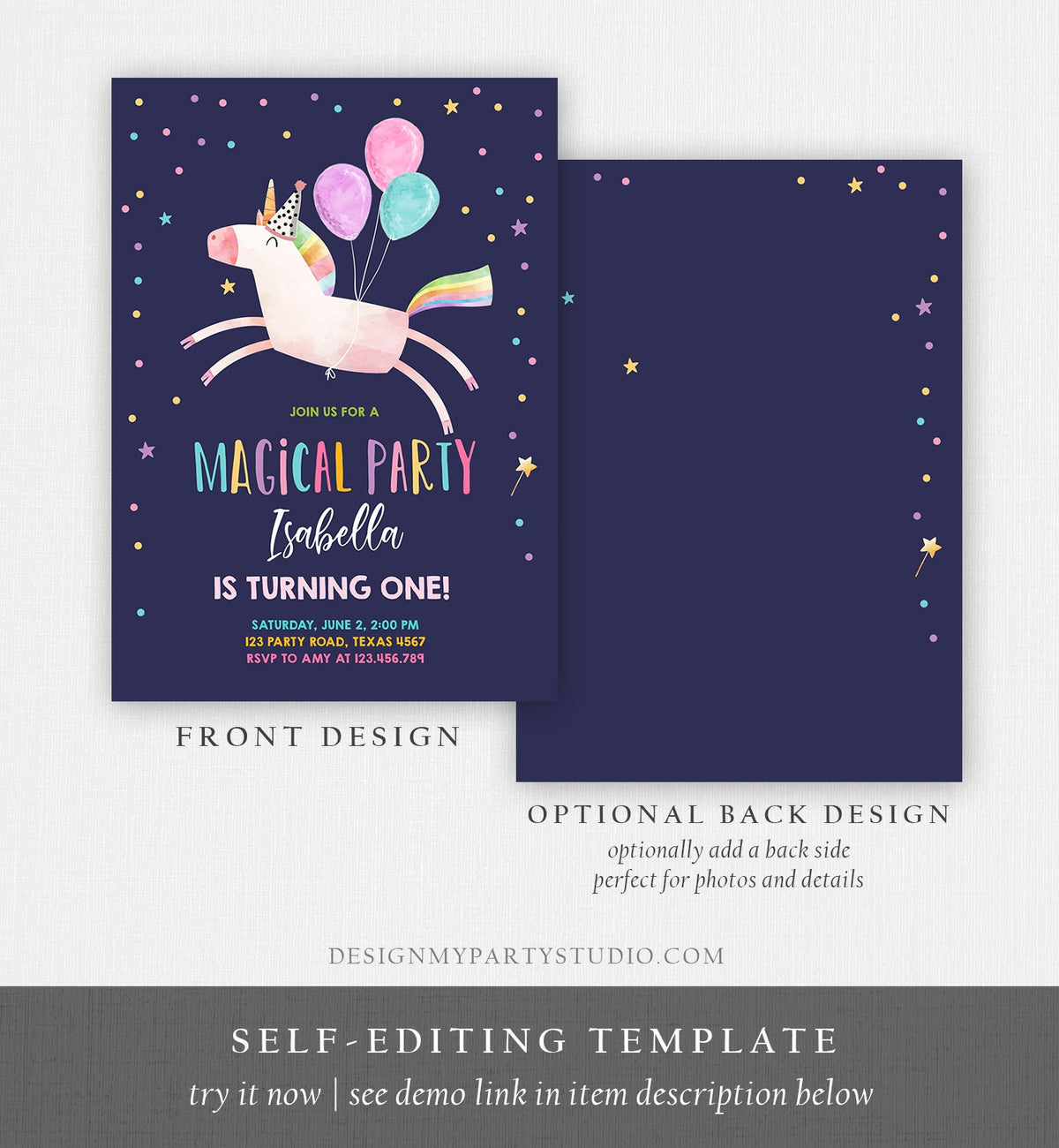 Editable Unicorn Birthday Invitation Magical Party Celebration Girl Pink Rainbow Balloons Digital Download Evite Template Printable 0336