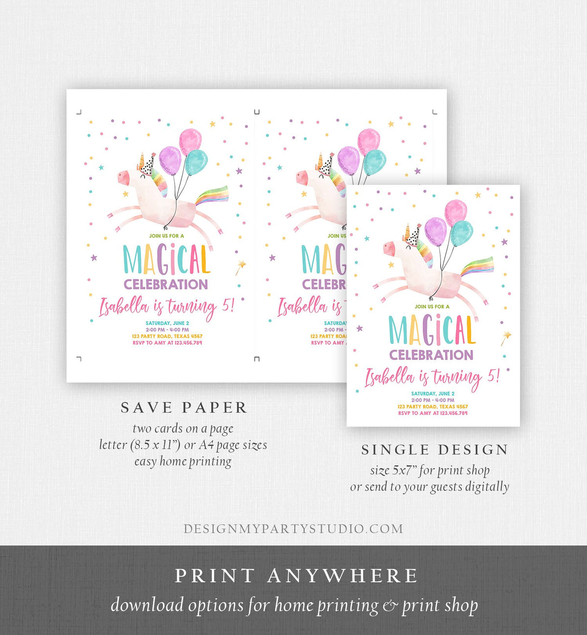 Editable Unicorn Birthday Invitation Magical Party Invite Girl Pink First Birthday Digital Invite Template Reainbow Download Corjl 0336